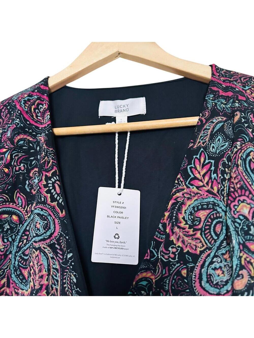 NWT Paisley Long Sleeve V‑Neck Boho Spring Dress L Black Pink Tea Midi Lined - Picture 3 of 7